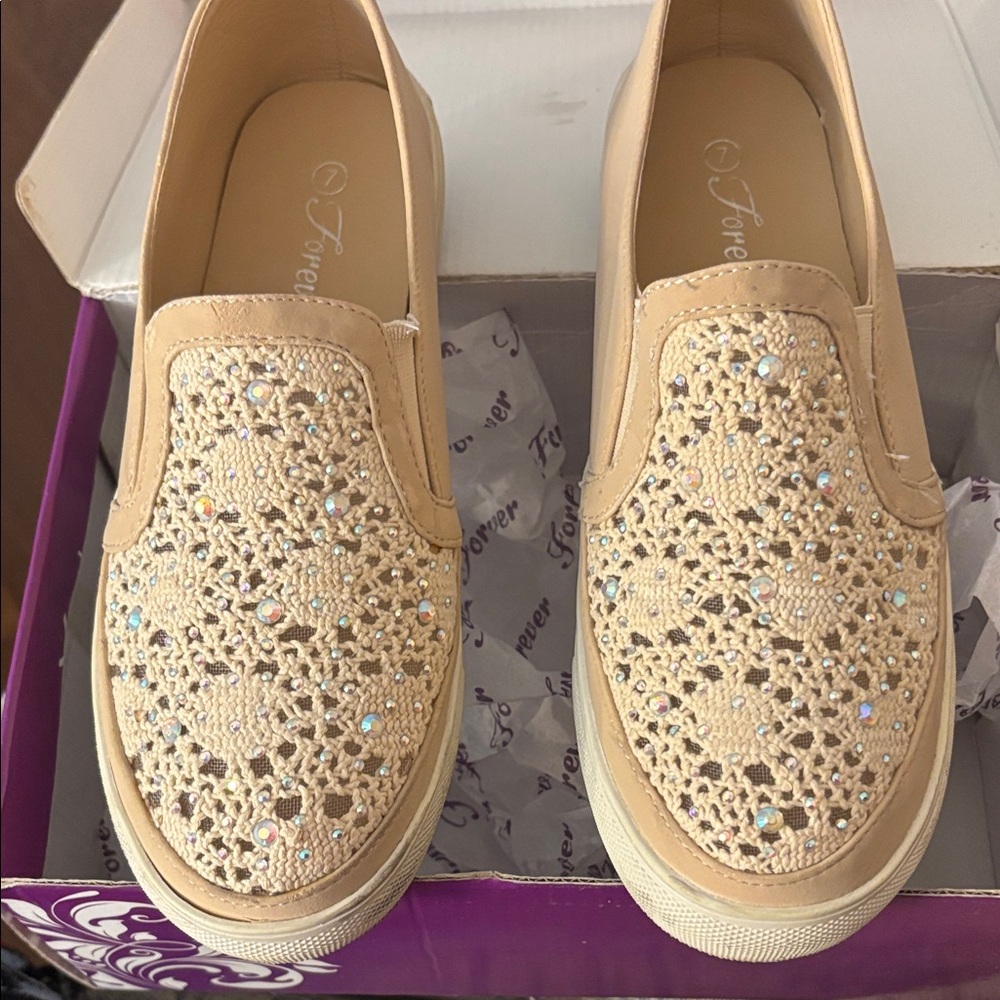 Forever Women's tan nubuck Embellished slip ons 7